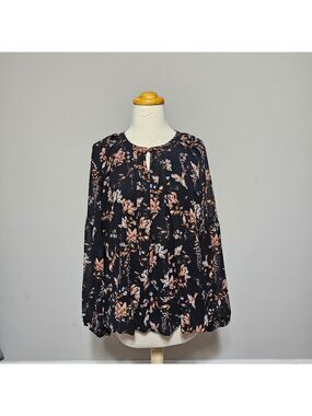 My Danielle Black Floral Peasant Blouse Long Sleeve